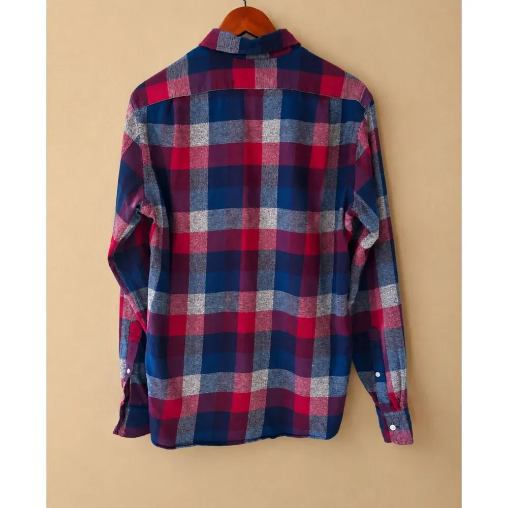 J Crew Mens Slim Flannel Plaid Shirt Size M Burgundy Navy Preppy Fall